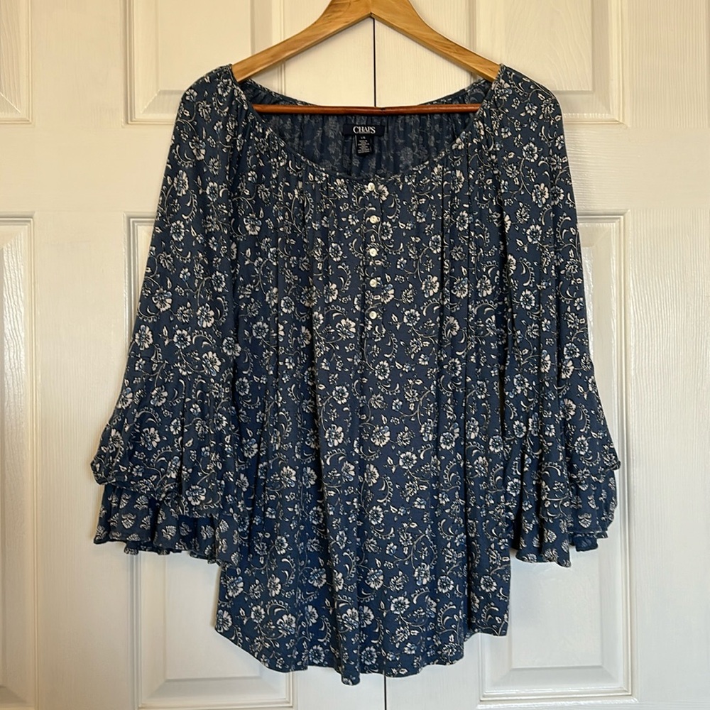 Chaps L woman’s dolman floral top with ruffle 3/4 sleeves GUC